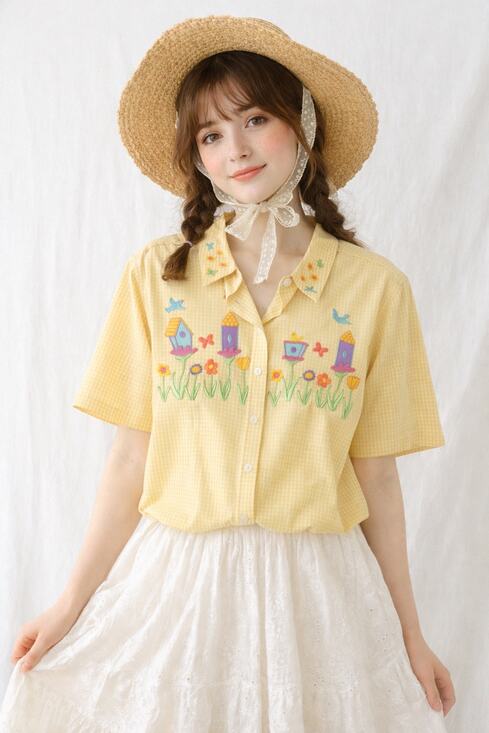 Karen Scott Tops - VTG Scott Womens 2X Button Down Shirt Gingham Yellow Embroidered Cottagecore